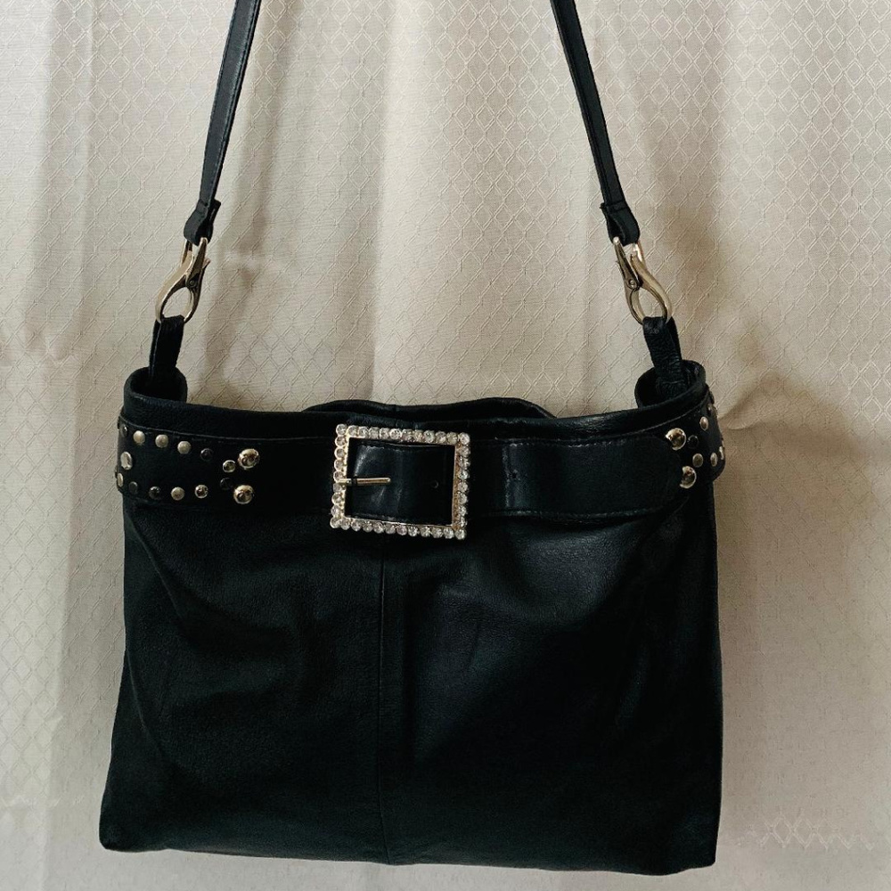 Leather Shoulder Bag Black Embellished Artisan